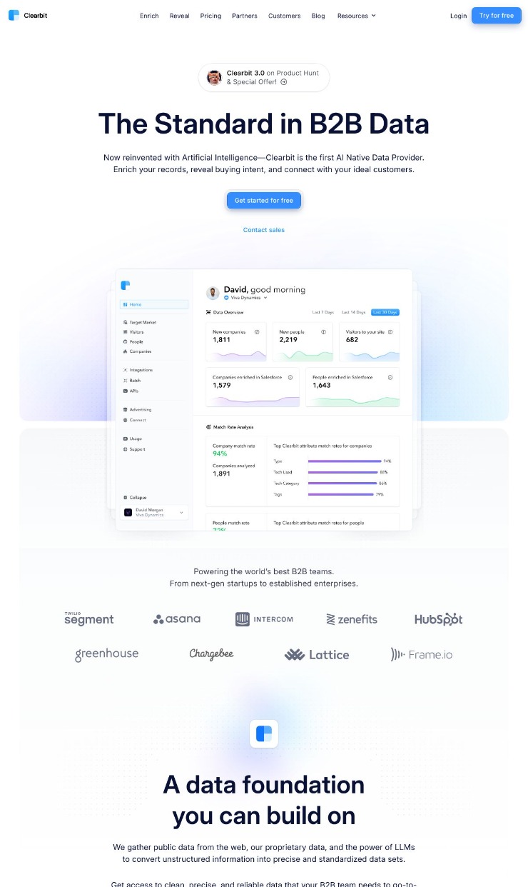 Clearbit — website design on Landdding