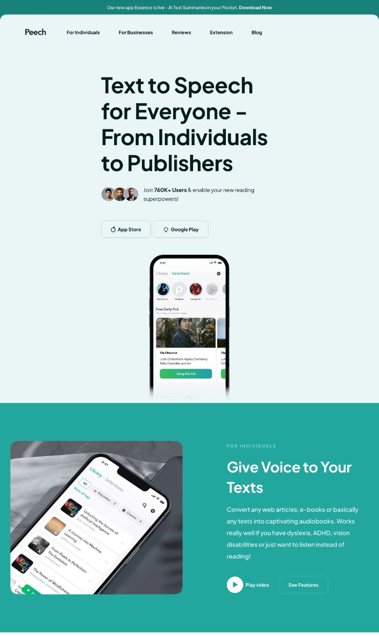 Peech - Text to Speech Reader — website design on Landdding