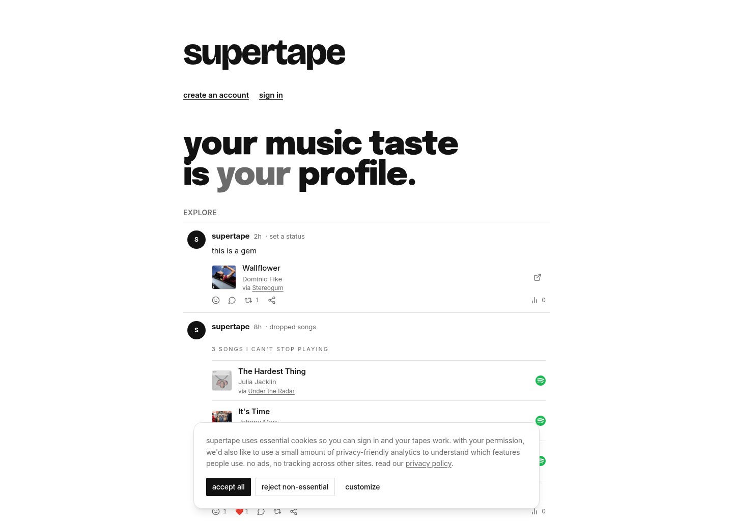 supertape.app — music sharing that feels personal again — website design on Landdding