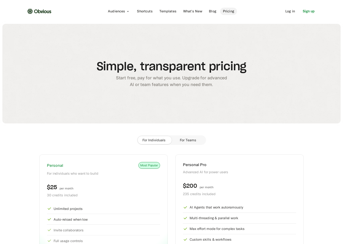 Obvious Pricing | AI Plans from $25/mo