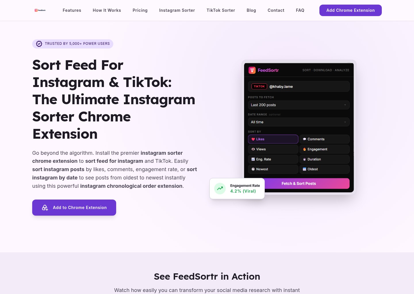 FeedSortr: Sort Instagram & TikTok Posts by Date, Views & Likes — website design on Landdding