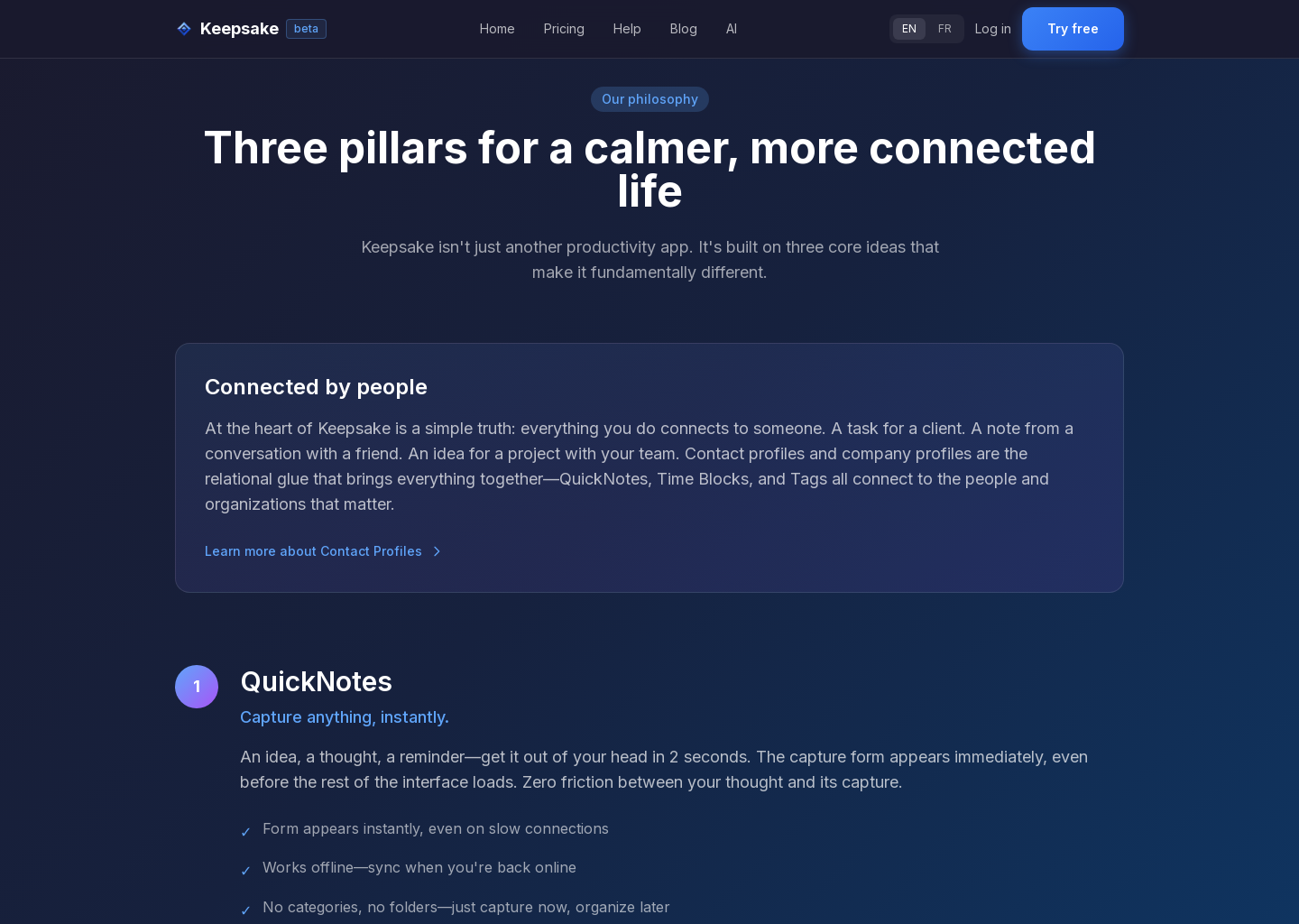 Our Approach — Three Pillars Connected by People | Keepsake
