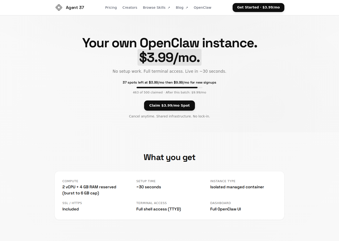 Agent37 — Managed OpenClaw Hosting &amp; Skill Monetization