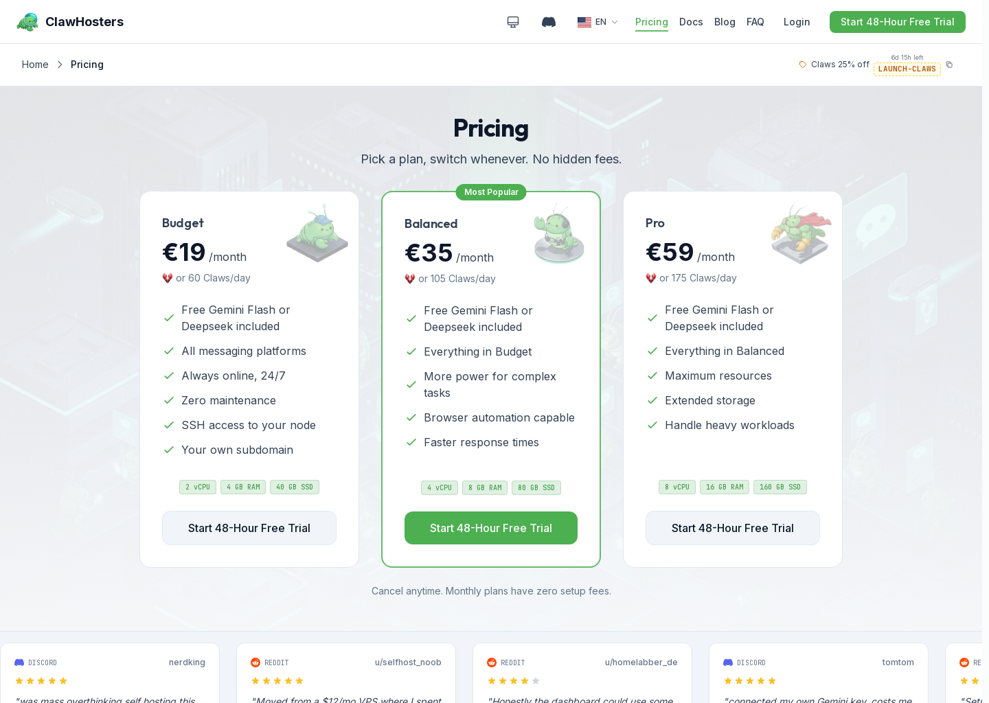 Pricing | ClawHosters