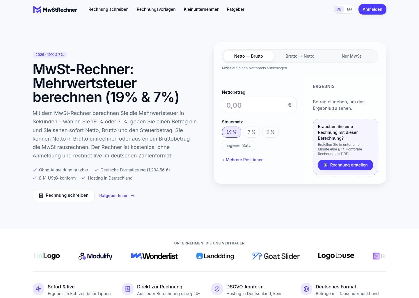 MwSt-Rechner 2026 – Mehrwertsteuer berechnen (19% & 7%) — website design on Landdding