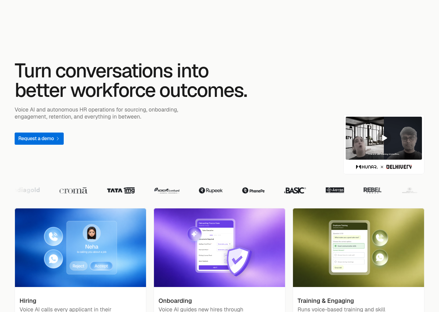 AI HRs for frontline workforce management | Hunar.ai — website design on Landdding