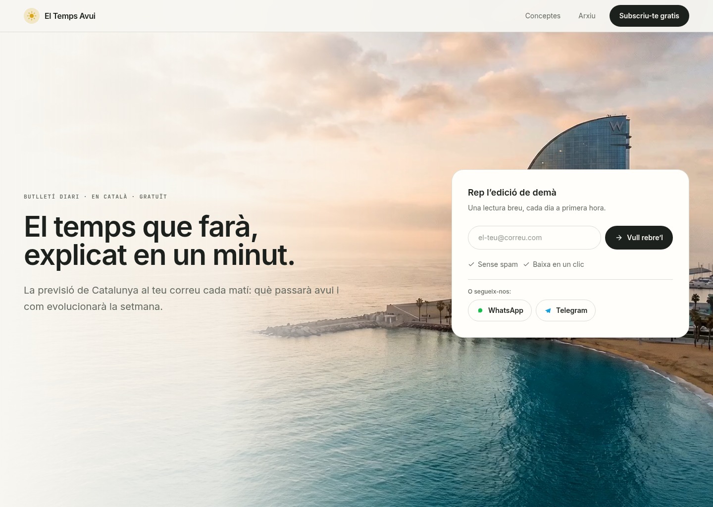 El Temps Avui — la previsió de Catalunya, cada matí al teu correu — website design on Landdding