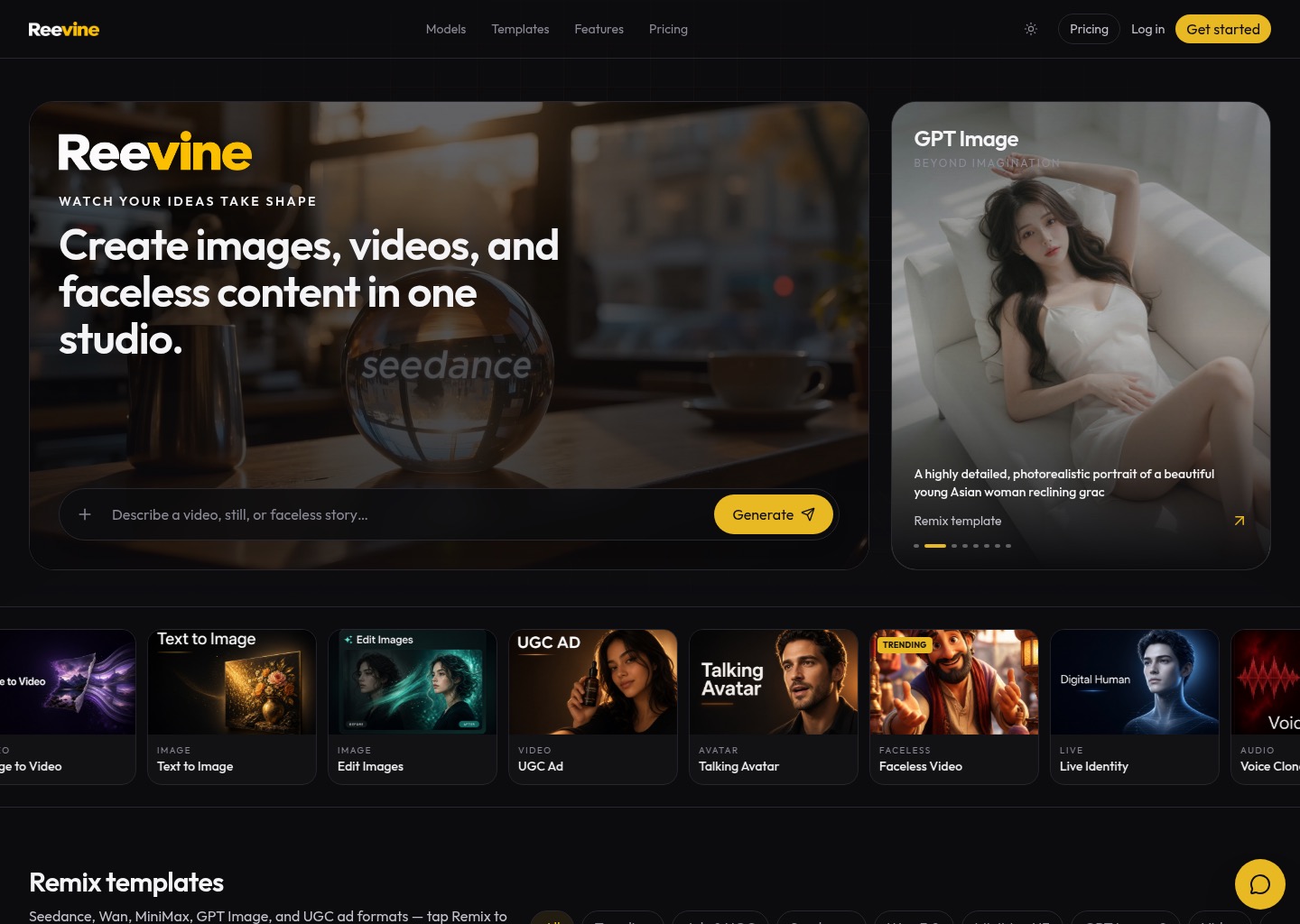 Reevine — AI studio for images, video & voice — website design on Landdding