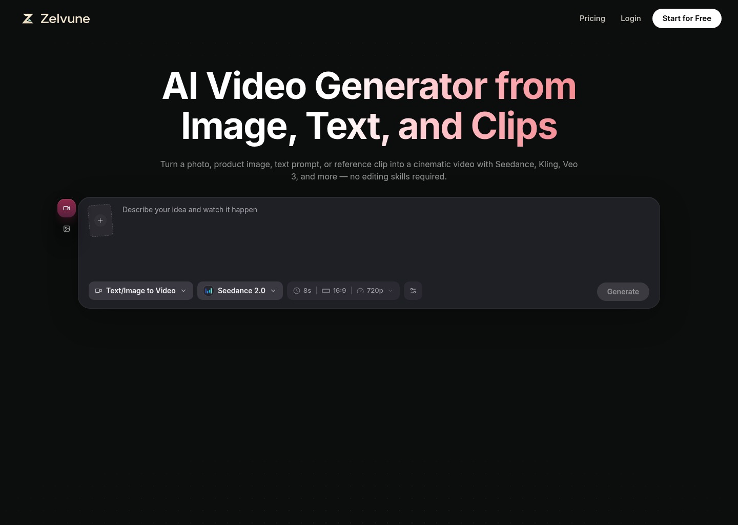 AI Video Generator from Image & Text | Zelvune — website design on Landdding