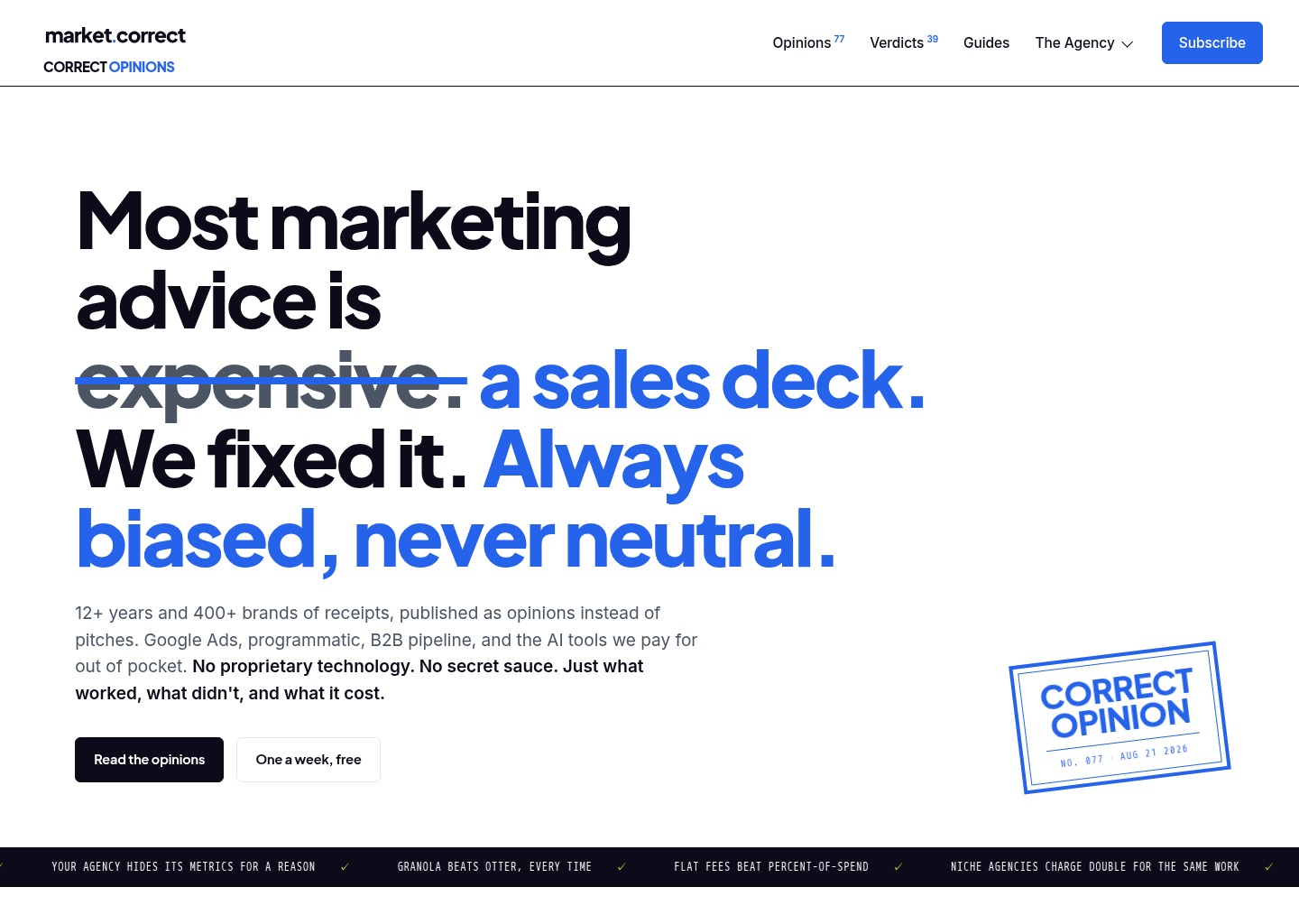 Market Correct | Correct Opinions on Performance Marketing — website design on Landdding