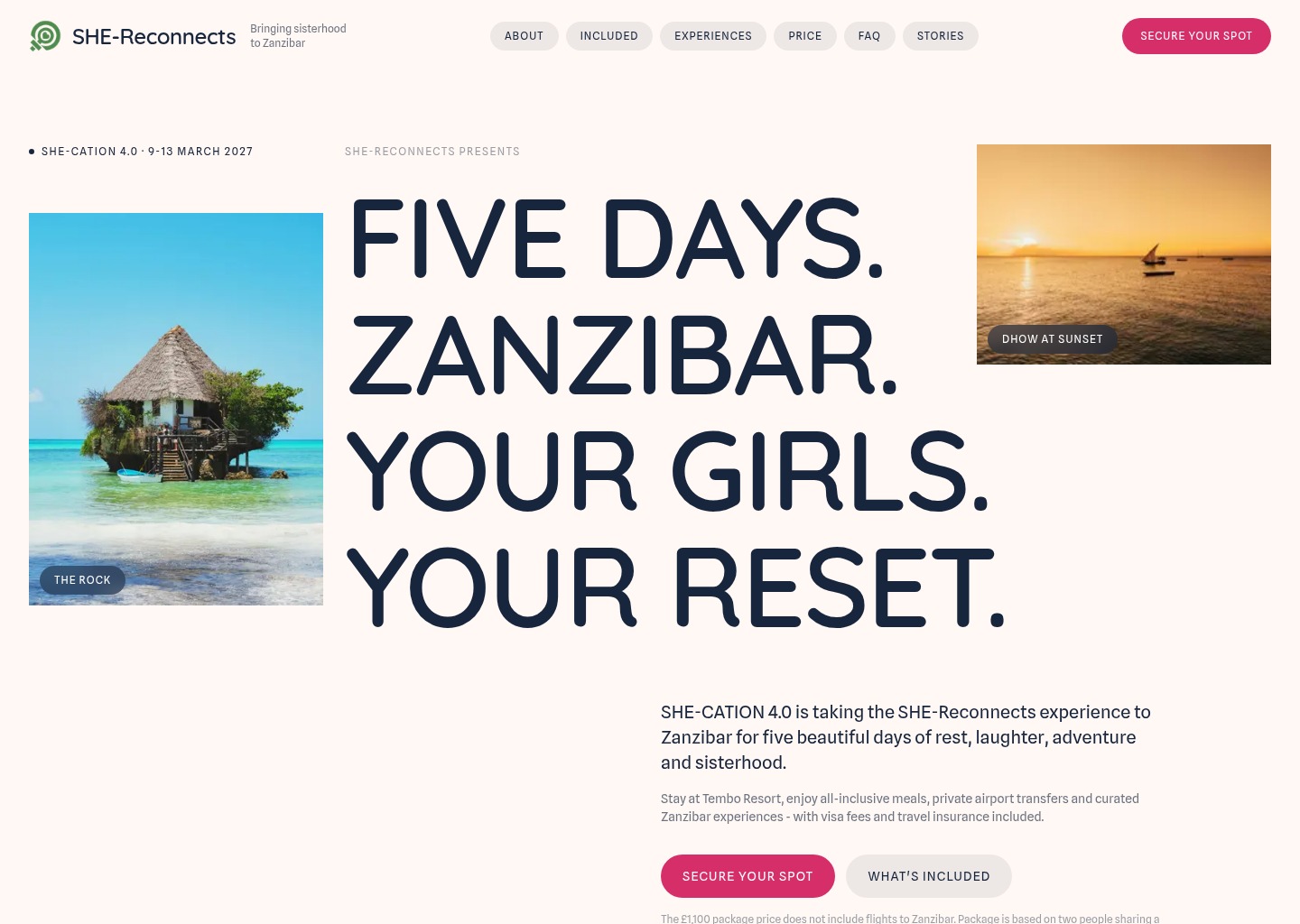 SHE-CATION 4.0 Zanzibar | Ladies' Getaway | 9-13 March 2027 — website design on Landdding