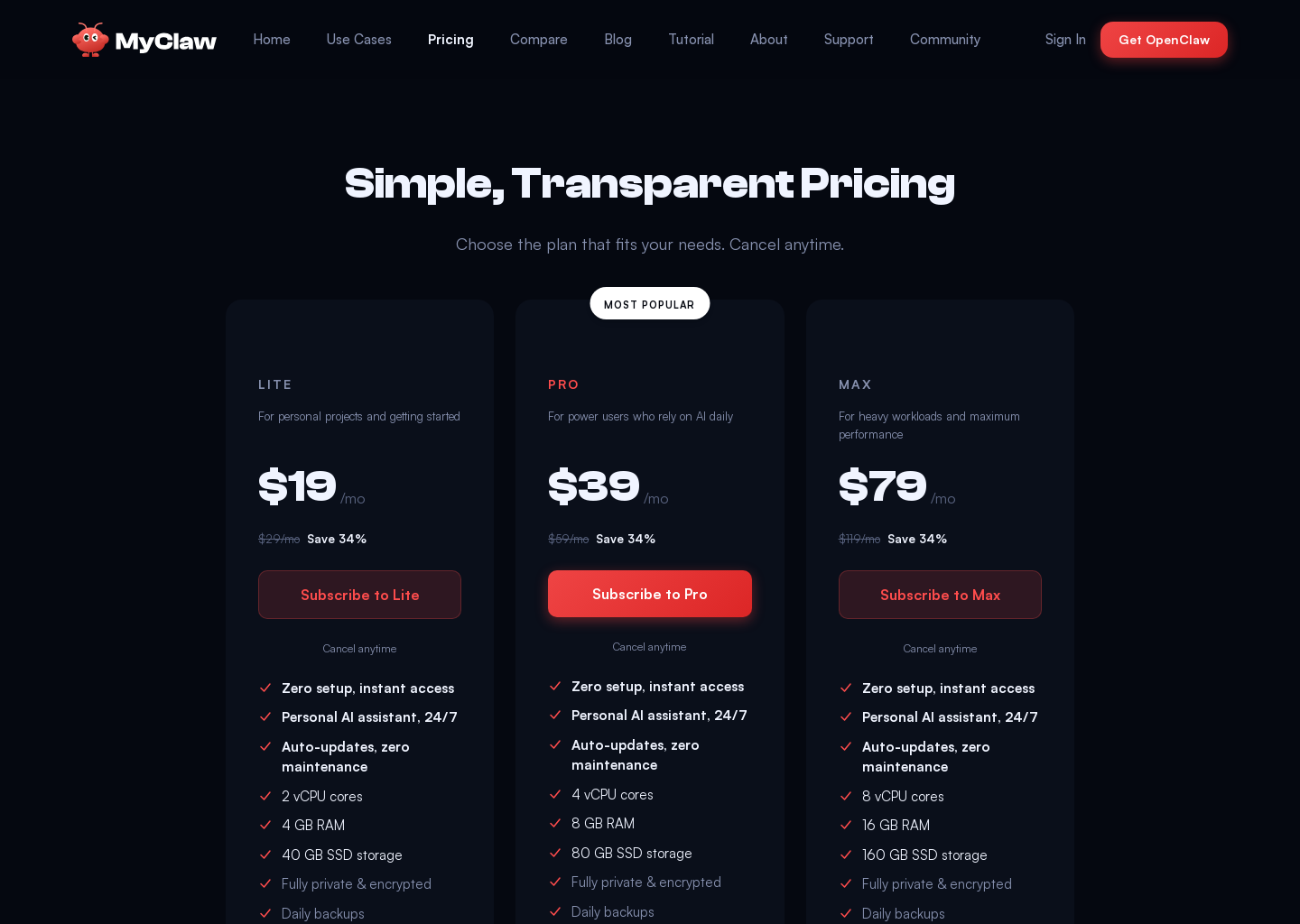 Pricing — Managed OpenClaw Hosting Plans | MyClaw.ai