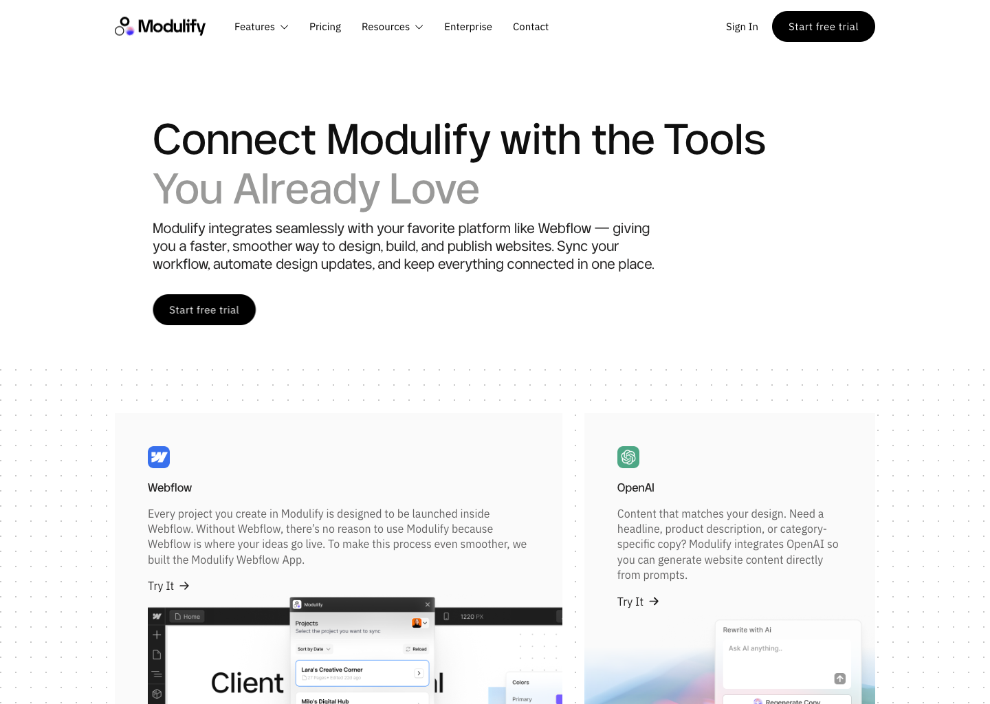 Integrations | Connect Modulify with Webflow &amp; More