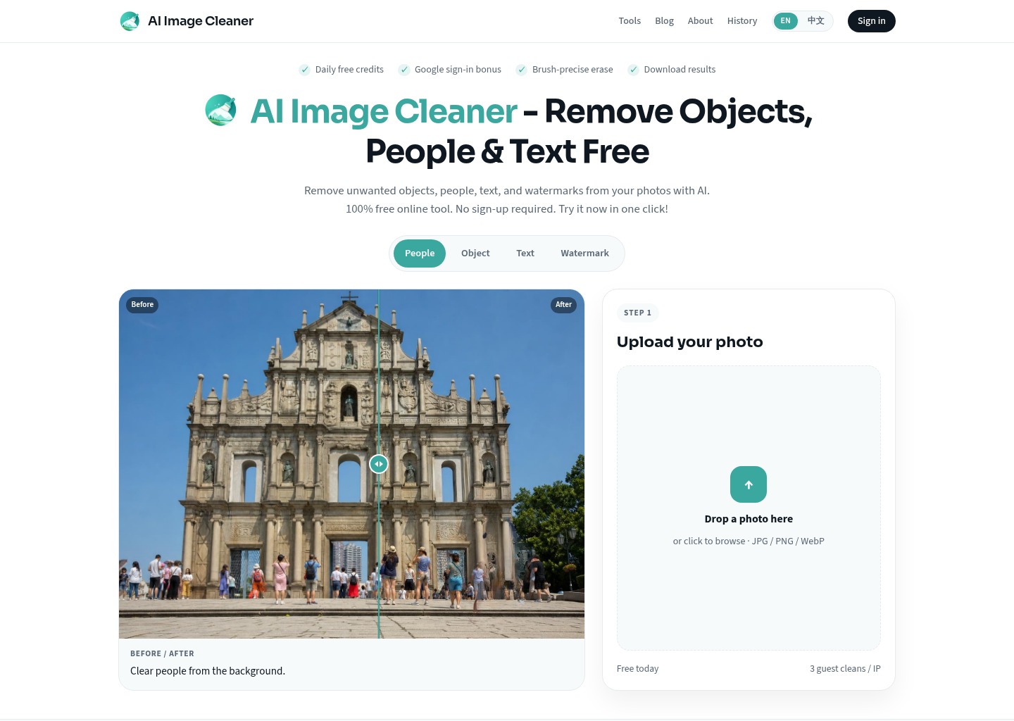 AI Image Cleaner is a free, browser-based photo cleanup tool designed for people who need to erase unwanted people, objects, text, or watermarks - and fill the hole with AI inpainting - without installing desktop software or hitting a payment wall on day one. Positioning: AI Image Cleaner is both the brand and the product domain (ai-image-cleaner.com). The homepage is the workbench (upload -> brush mask -> clean -> download). Tool landing pages under /tools/ handle specific intents such as AI object remover, remove person from photo, AI watermark remover, remove text from image AI, and remove object from photo, so the main workspace stays uncluttered. Getting started: visit https://ai-image-cleaner.com, upload a JPEG or PNG, paint only the region that — website design on Landdding