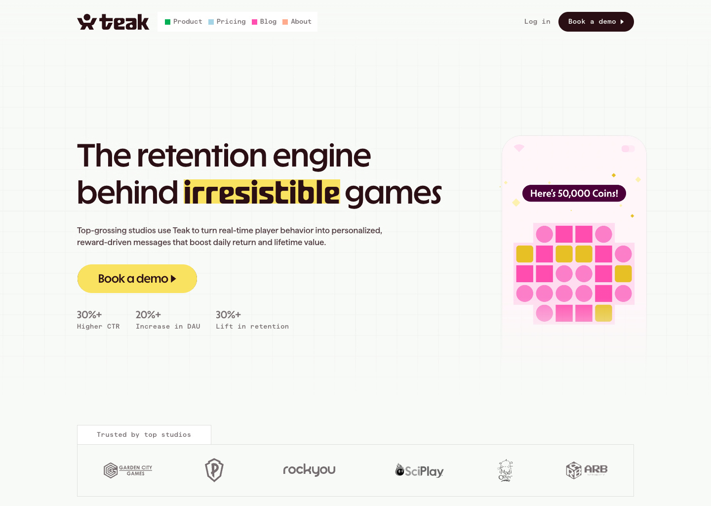 Teak | Retention engine for top grossing F2P games — website design on Landdding