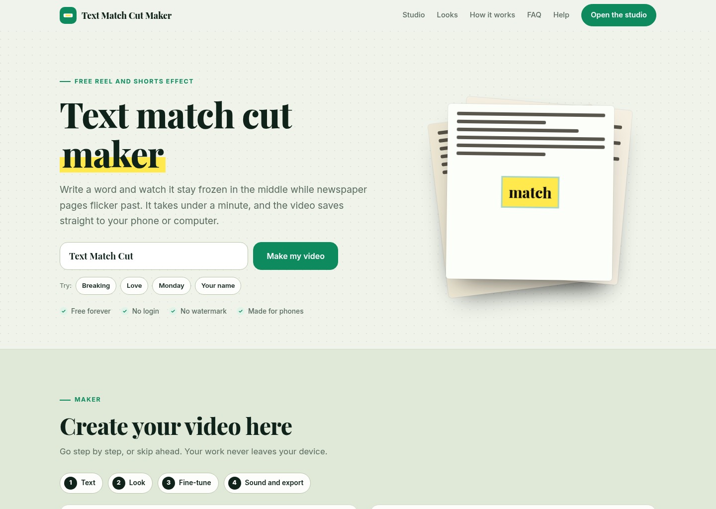 Text Match Cut Maker: Free Online Video Effect Tool — website design on Landdding